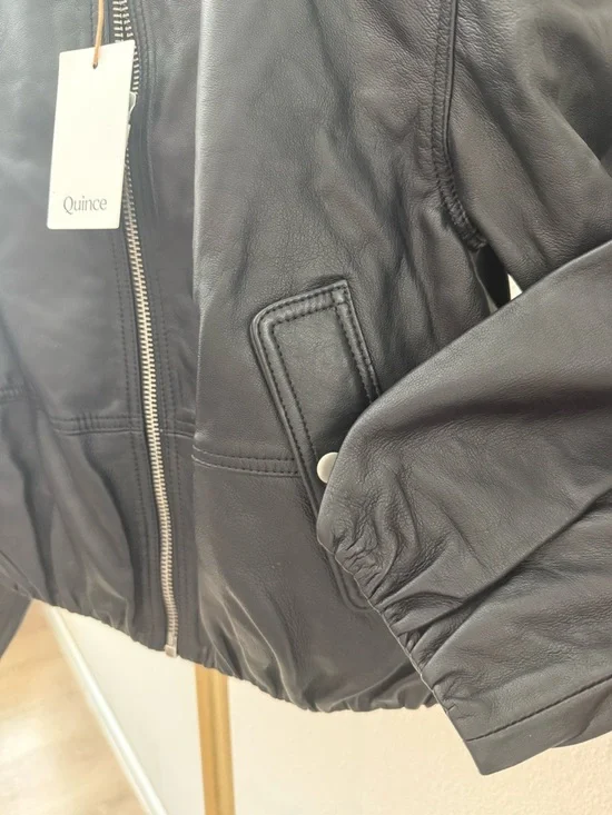 Quince 100% Leather Collarless Cropped Bubble Hem Jacket
